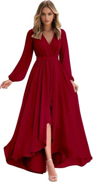 Long Sleeve Bridesmaid Dresses for Wedding V Neck Chiffon High Low A-Line Formal Evening Dresses
