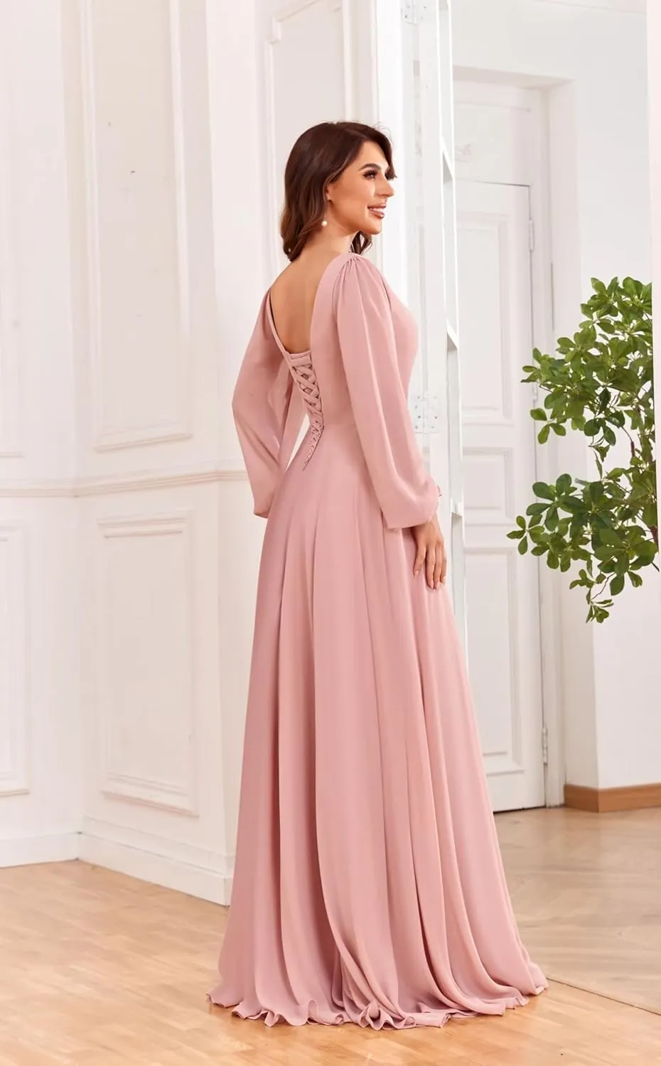 Long Sleeve Bridesmaid Dresses for Wedding V Neck Chiffon High Low A-Line Formal Evening Dresses