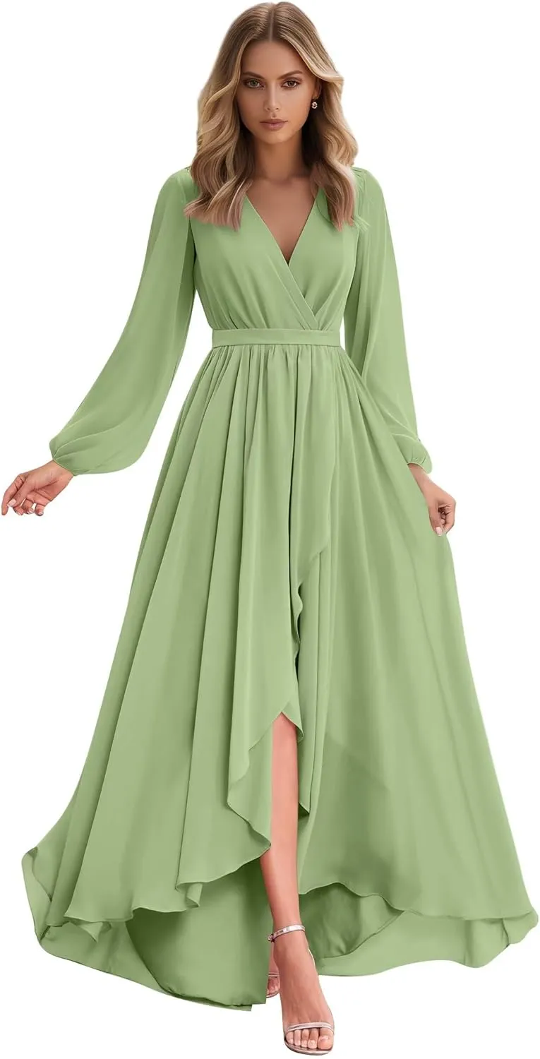Long Sleeve Bridesmaid Dresses for Wedding V Neck Chiffon High Low A-Line Formal Evening Dresses