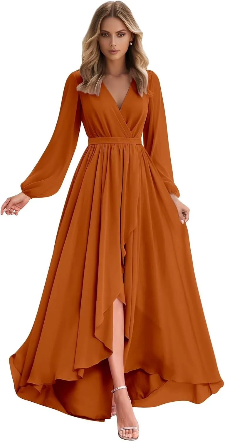 Long Sleeve Bridesmaid Dresses for Wedding V Neck Chiffon High Low A-Line Formal Evening Dresses
