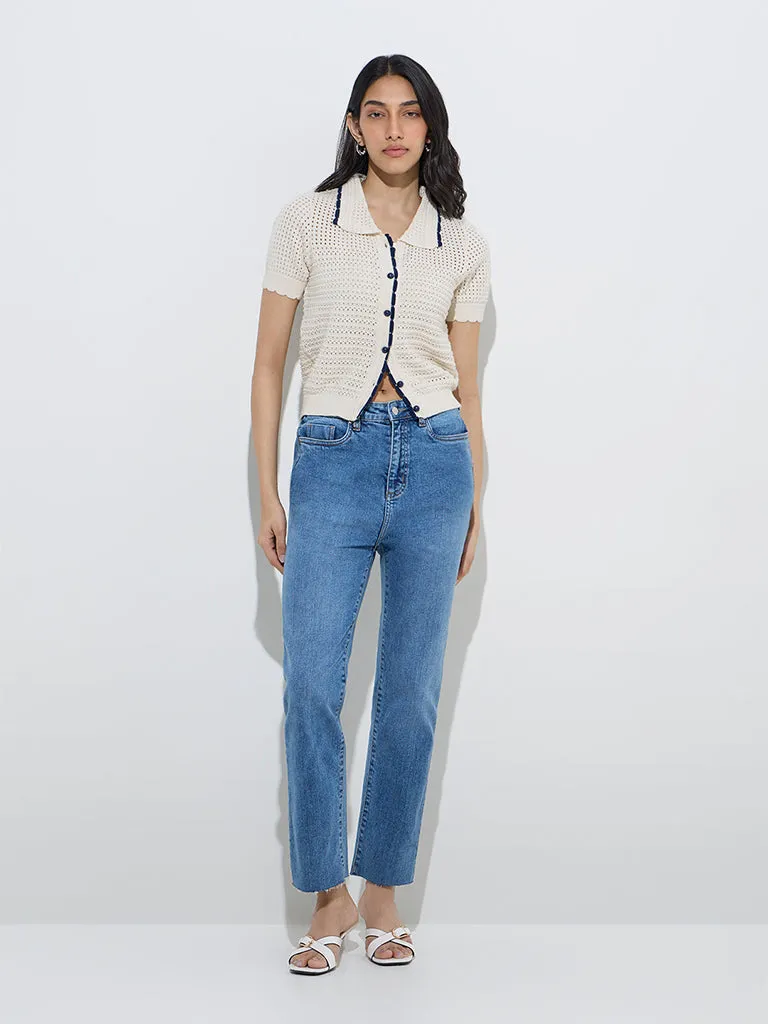 LOV Off-White Crochet-Knitted Cotton-Blend Cardigan