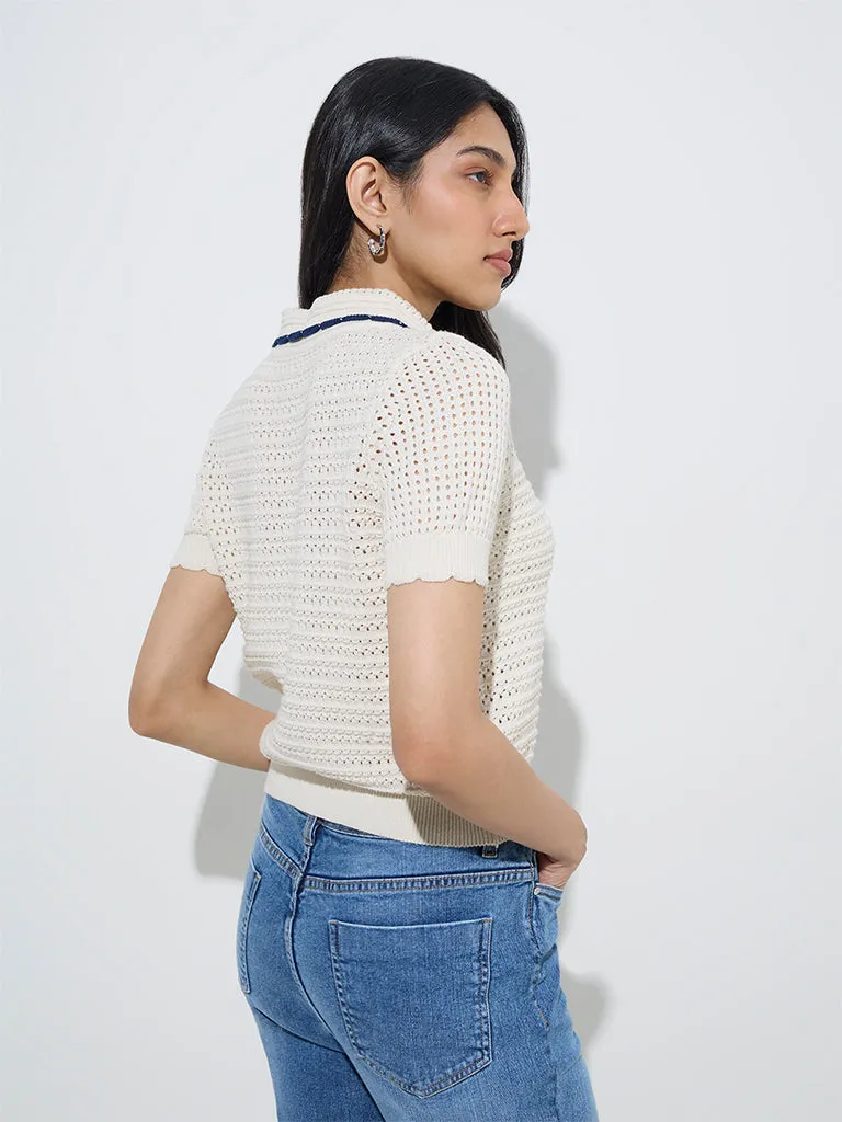 LOV Off-White Crochet-Knitted Cotton-Blend Cardigan