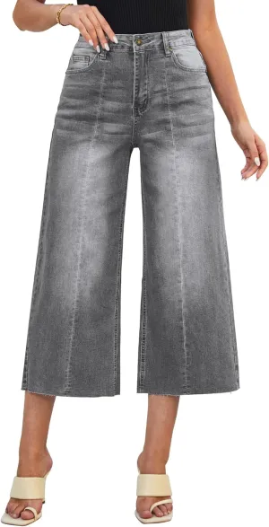 luvamia Wide Leg Capris Jeans for Women Trendy High Waisted Jean Capris Raw Hem Stretchy Denim Capri Cropped Pants