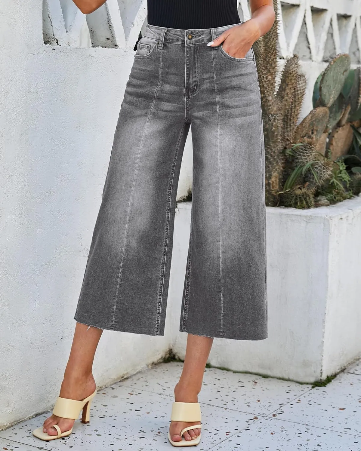 luvamia Wide Leg Capris Jeans for Women Trendy High Waisted Jean Capris Raw Hem Stretchy Denim Capri Cropped Pants