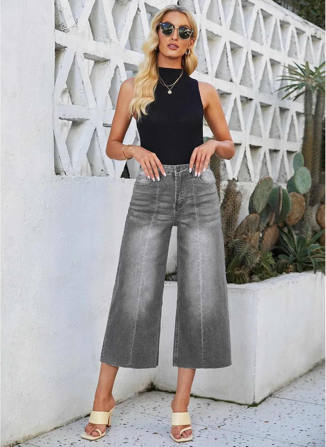 luvamia Wide Leg Capris Jeans for Women Trendy High Waisted Jean Capris Raw Hem Stretchy Denim Capri Cropped Pants