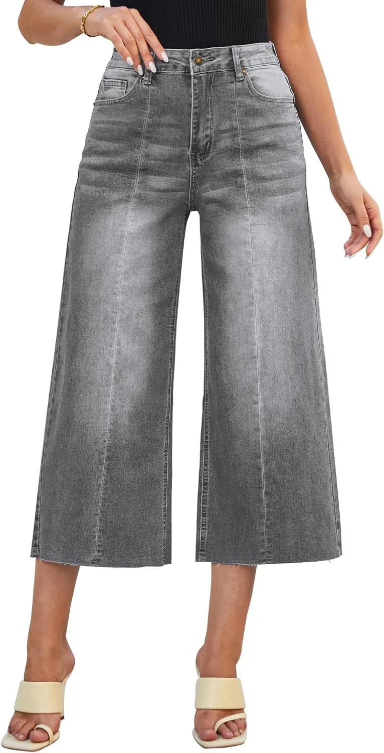 luvamia Wide Leg Capris Jeans for Women Trendy High Waisted Jean Capris Raw Hem Stretchy Denim Capri Cropped Pants