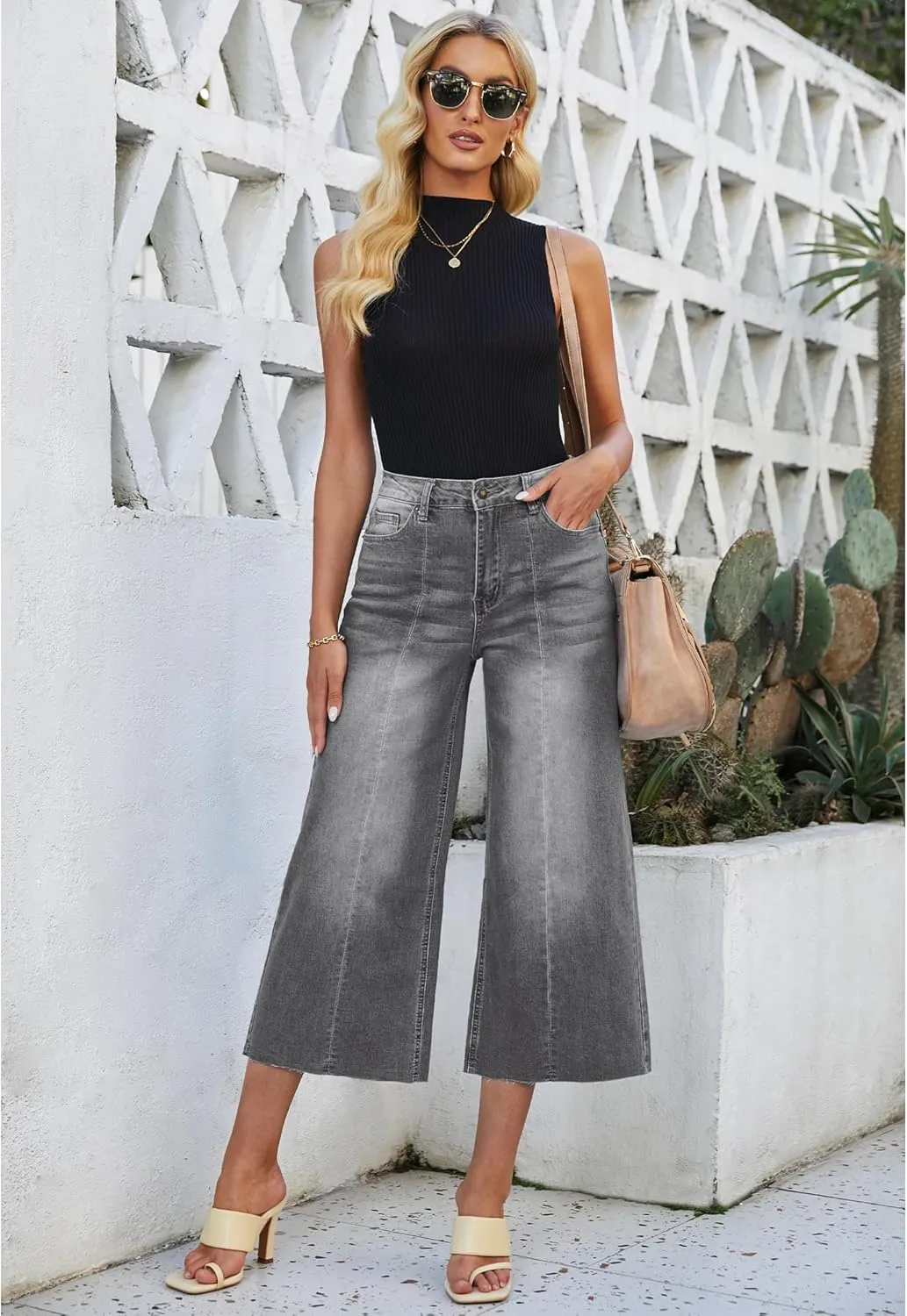 luvamia Wide Leg Capris Jeans for Women Trendy High Waisted Jean Capris Raw Hem Stretchy Denim Capri Cropped Pants