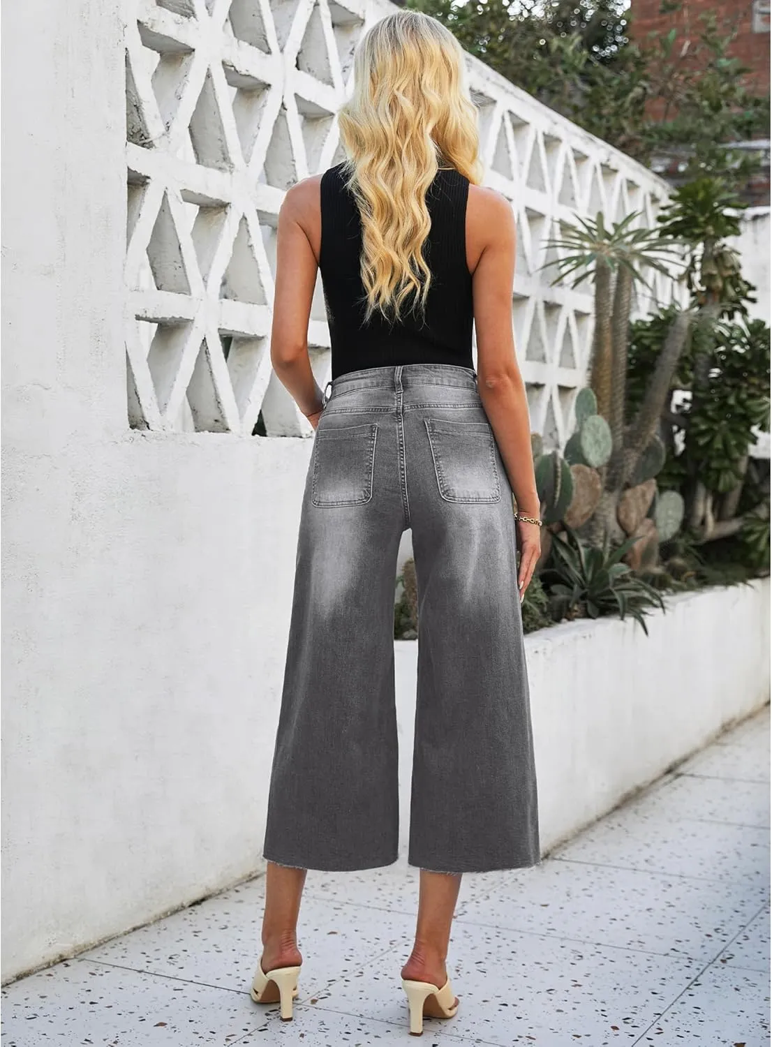 luvamia Wide Leg Capris Jeans for Women Trendy High Waisted Jean Capris Raw Hem Stretchy Denim Capri Cropped Pants