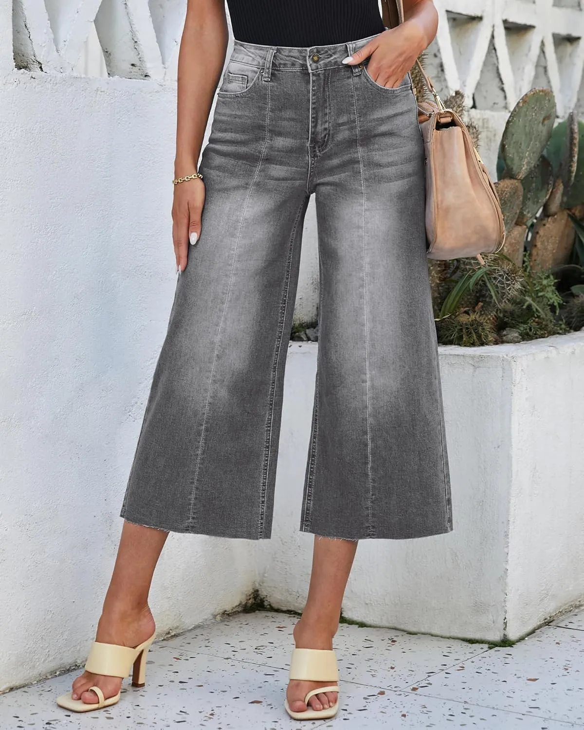 luvamia Wide Leg Capris Jeans for Women Trendy High Waisted Jean Capris Raw Hem Stretchy Denim Capri Cropped Pants