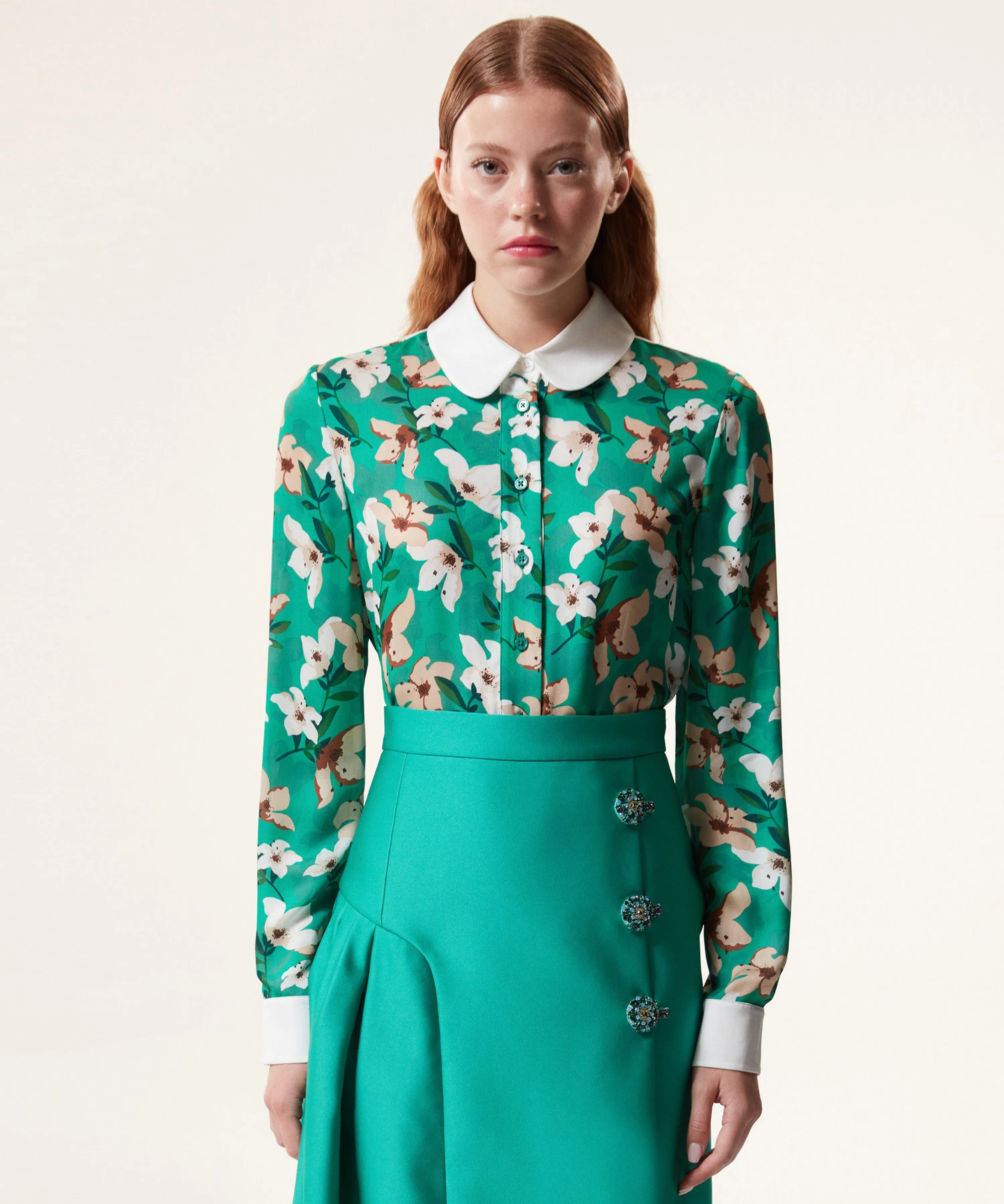 Machka Floral Pattern Blouse With Contrast Collar Green