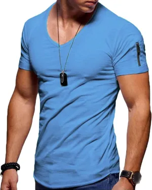 Maiyifu-GJ Men's V Neck Muscle Workout Athletic T-Shirt Bodybuilding Fashion Short Sleeve Slim Fit Zipper Tee Top