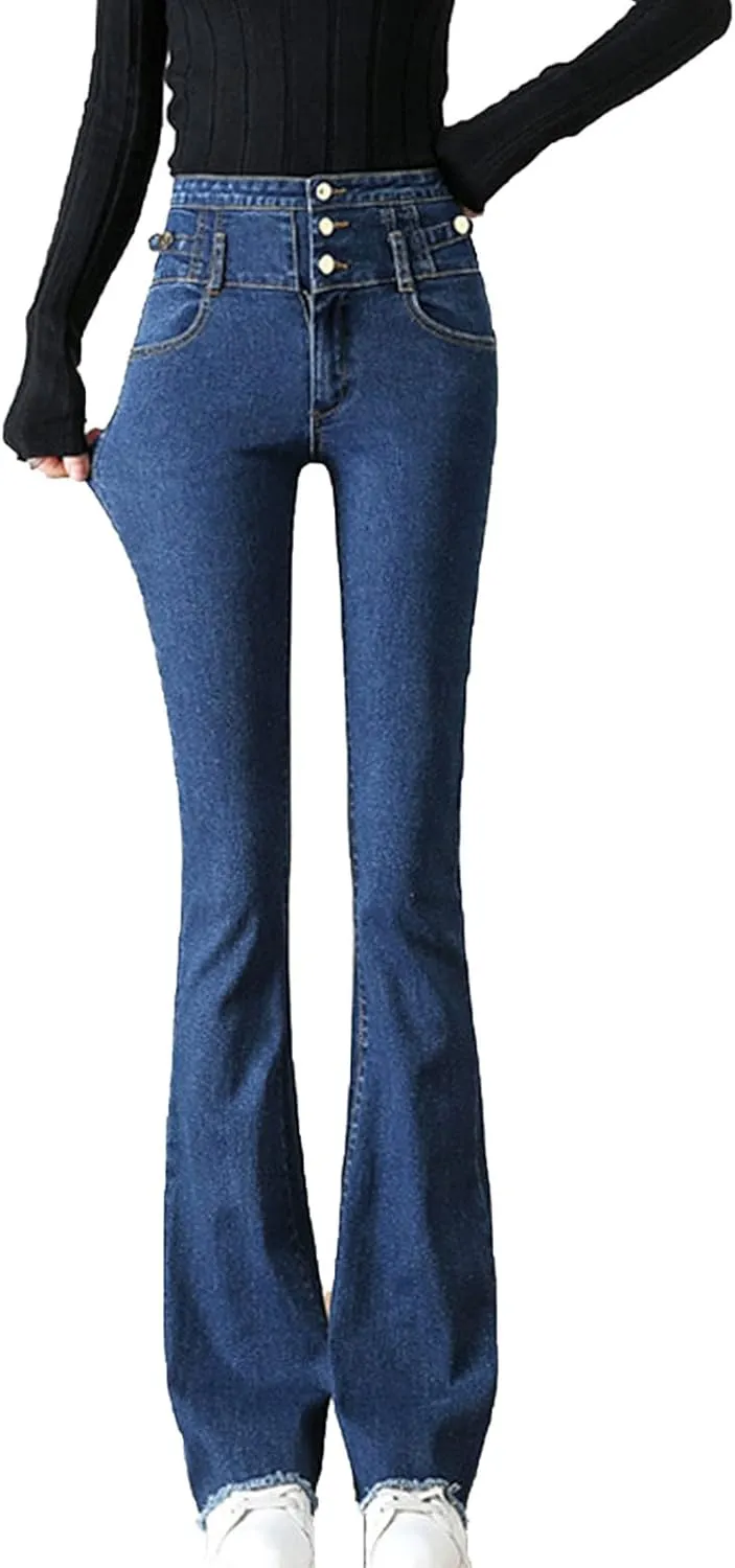 Maiyifu-GJ Women's Skinny Flare Denim Jeans High Waisted 3 Button Bell Bottom Denim Pants Destroyed Raw Hem Jean Trousers