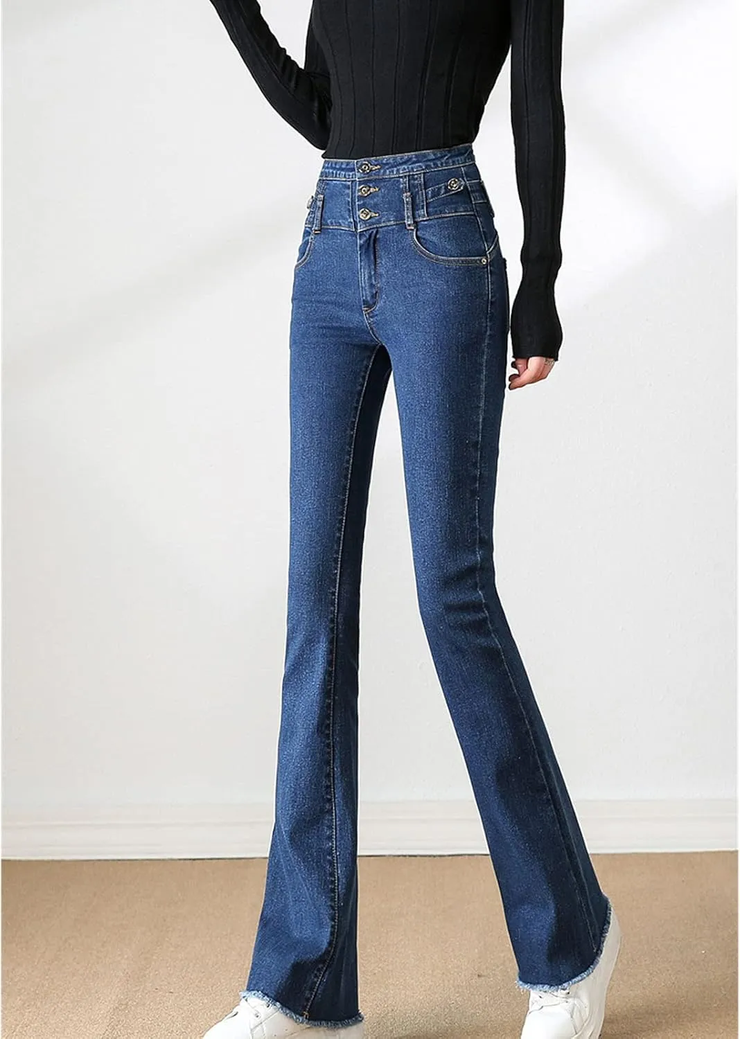 Maiyifu-GJ Women's Skinny Flare Denim Jeans High Waisted 3 Button Bell Bottom Denim Pants Destroyed Raw Hem Jean Trousers