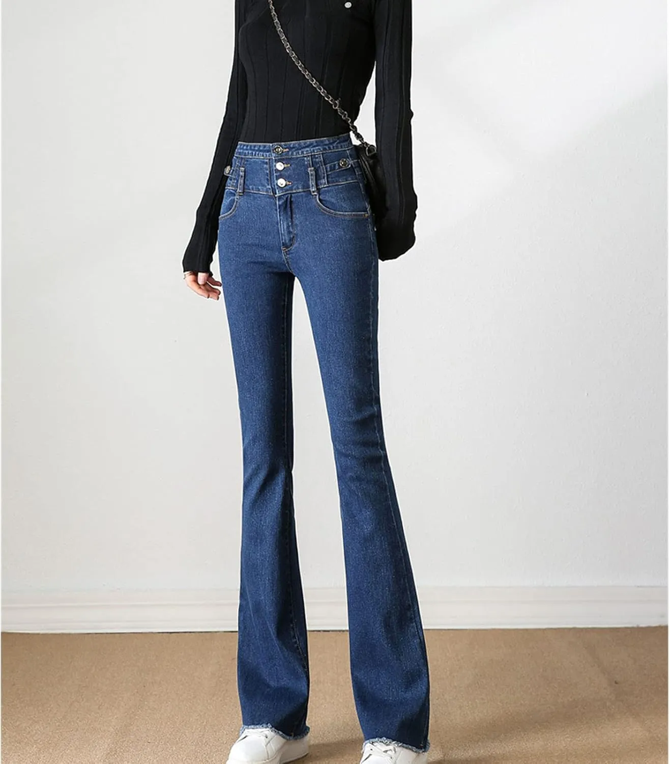 Maiyifu-GJ Women's Skinny Flare Denim Jeans High Waisted 3 Button Bell Bottom Denim Pants Destroyed Raw Hem Jean Trousers