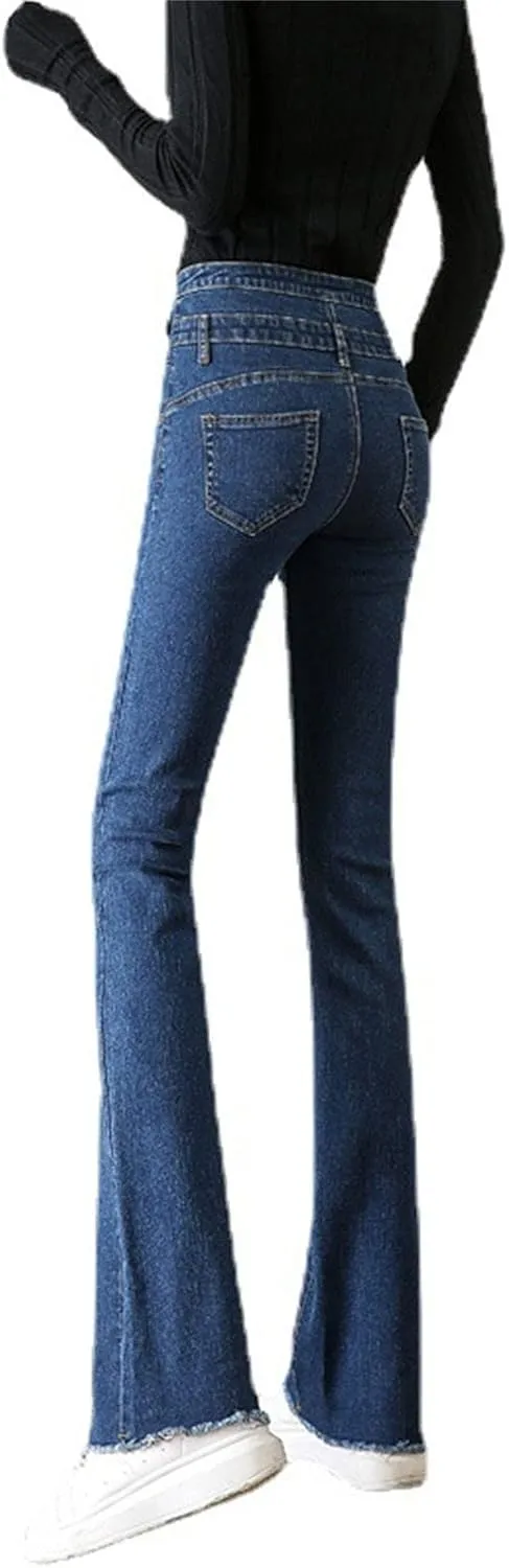 Maiyifu-GJ Women's Skinny Flare Denim Jeans High Waisted 3 Button Bell Bottom Denim Pants Destroyed Raw Hem Jean Trousers