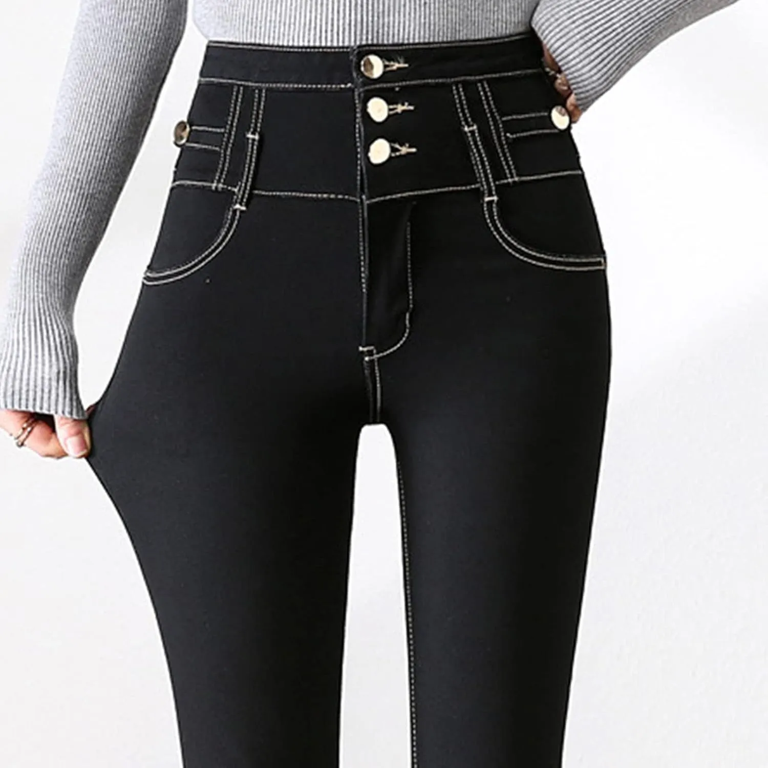 Maiyifu-GJ Women's Skinny Flare Denim Jeans High Waisted 3 Button Bell Bottom Denim Pants Destroyed Raw Hem Jean Trousers