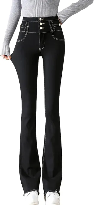 Maiyifu-GJ Women's Skinny Flare Denim Jeans High Waisted 3 Button Bell Bottom Denim Pants Destroyed Raw Hem Jean Trousers