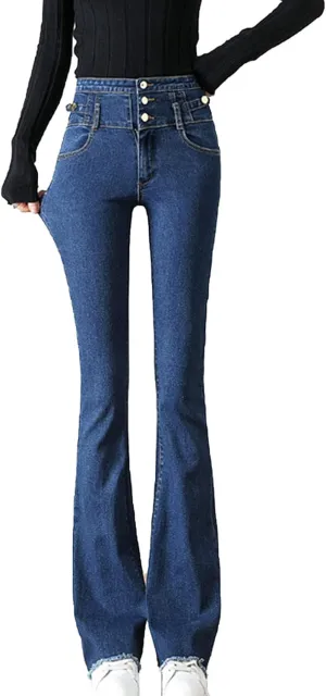 Maiyifu-GJ Women's Skinny Flare Denim Jeans High Waisted 3 Button Bell Bottom Denim Pants Destroyed Raw Hem Jean Trousers