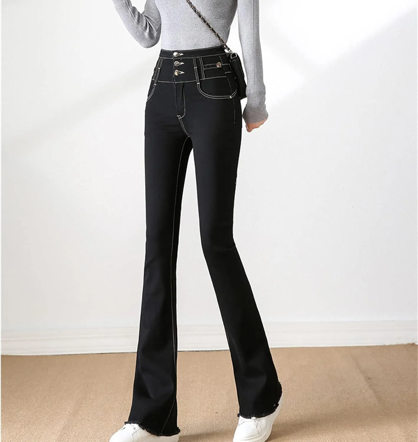 Maiyifu-GJ Women's Skinny Flare Denim Jeans High Waisted 3 Button Bell Bottom Denim Pants Destroyed Raw Hem Jean Trousers