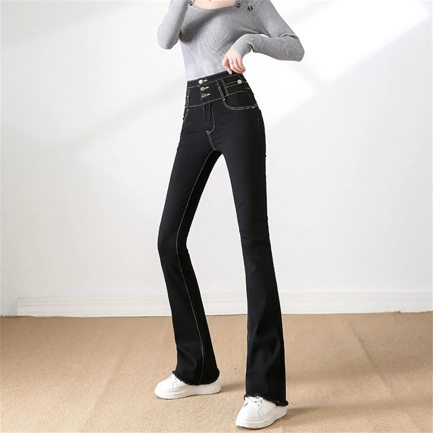 Maiyifu-GJ Women's Skinny Flare Denim Jeans High Waisted 3 Button Bell Bottom Denim Pants Destroyed Raw Hem Jean Trousers
