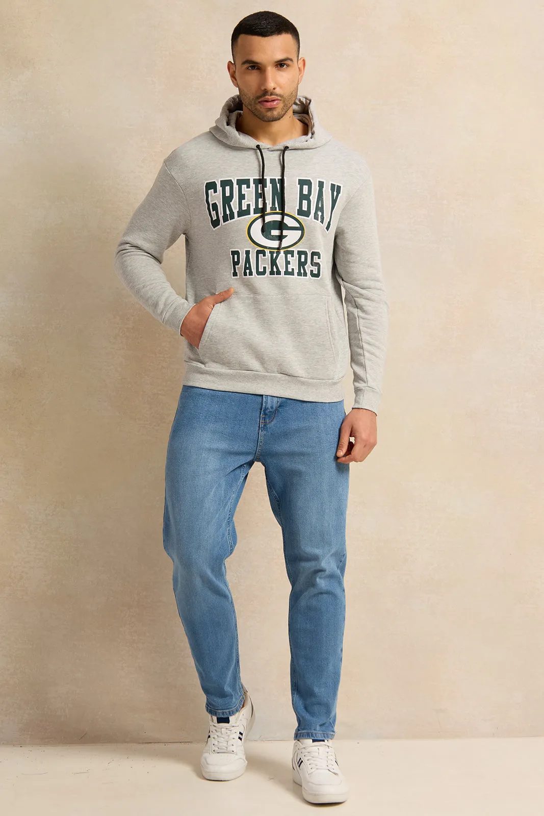 Men Grey Printed Hooded Sweatshirt