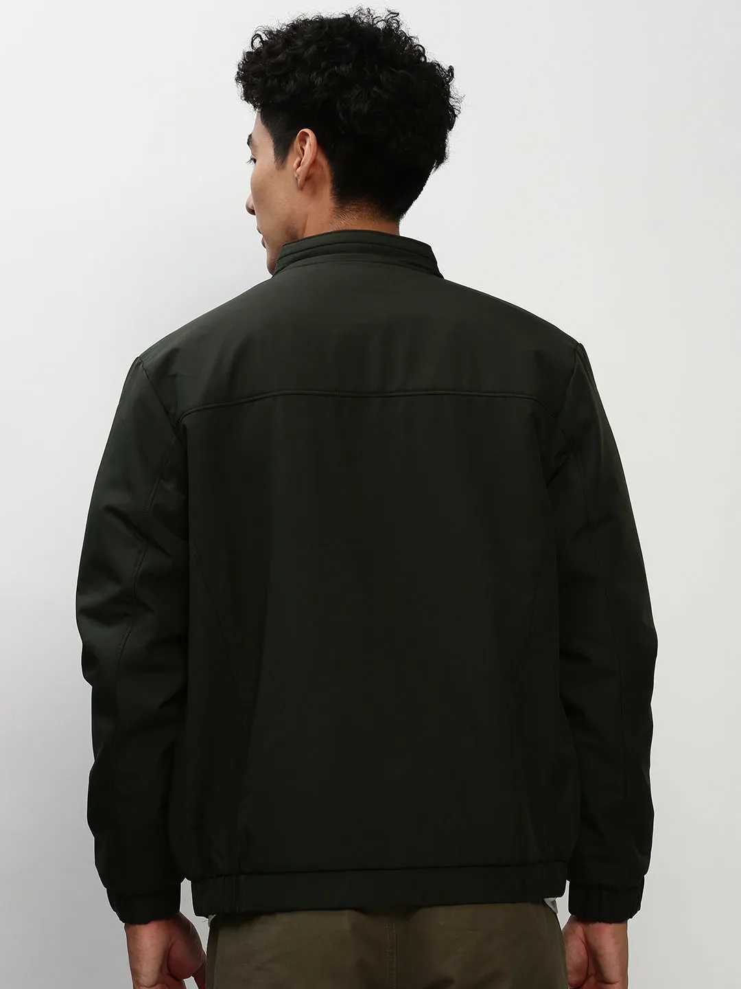 Men Olive Mock Collar Taslon Bomber Jacket