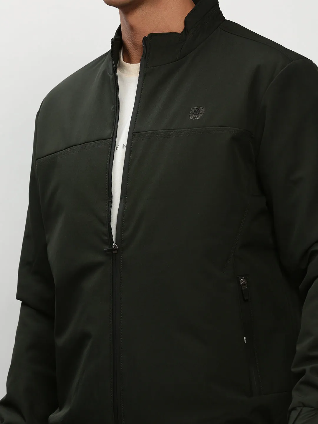 Men Olive Mock Collar Taslon Bomber Jacket