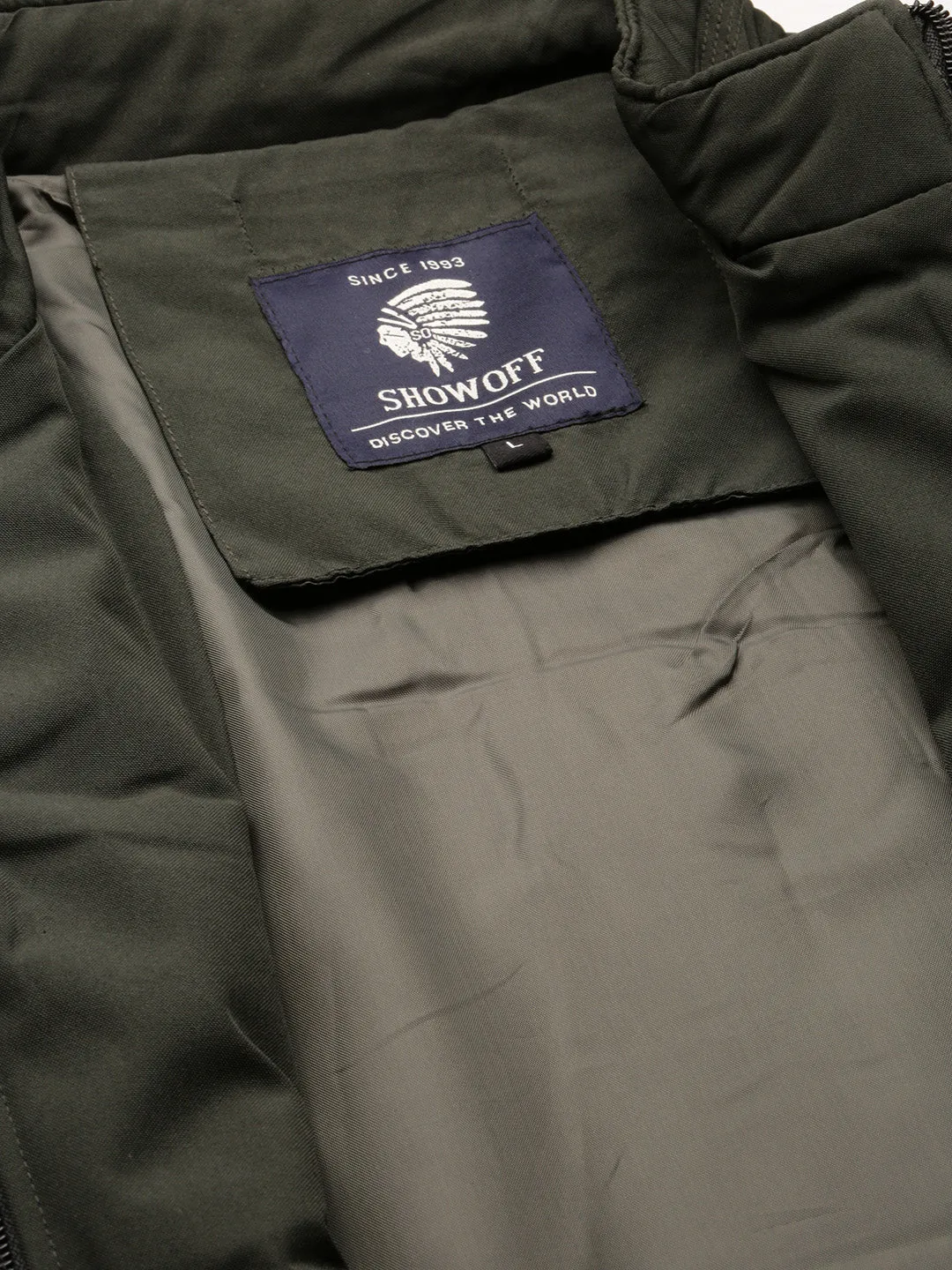 Men Olive Mock Collar Taslon Bomber Jacket