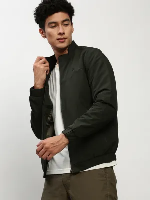 Men Olive Mock Collar Taslon Bomber Jacket
