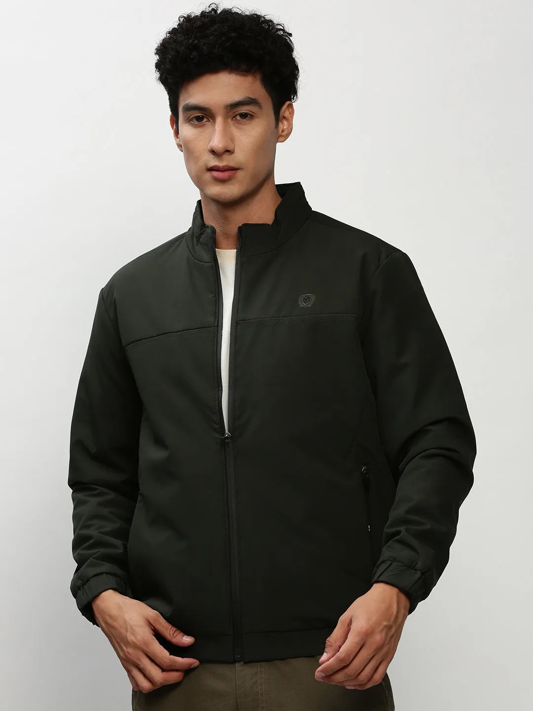 Men Olive Mock Collar Taslon Bomber Jacket