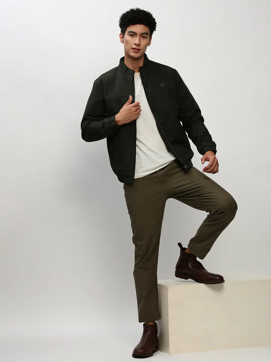 Men Olive Mock Collar Taslon Bomber Jacket