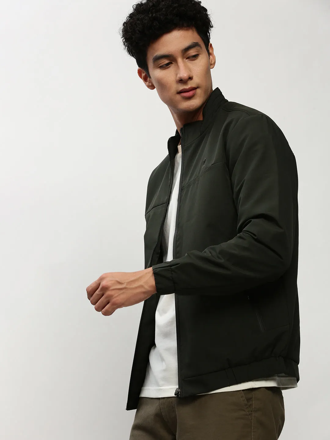 Men Olive Mock Collar Taslon Bomber Jacket