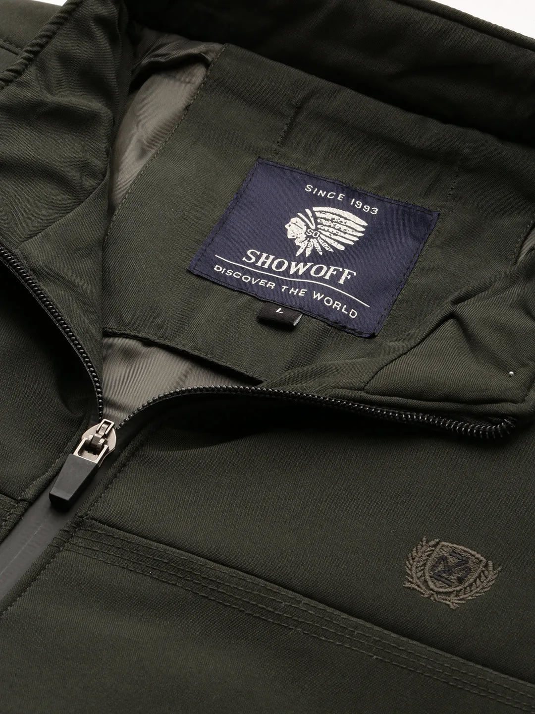 Men Olive Mock Collar Taslon Bomber Jacket