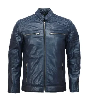 Men's Blue Café Racer Leather Biker Jacket for Stylish Riders