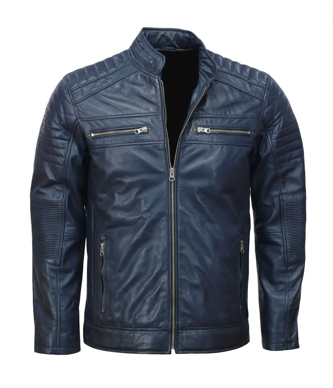 Men's Blue Café Racer Leather Biker Jacket for Stylish Riders