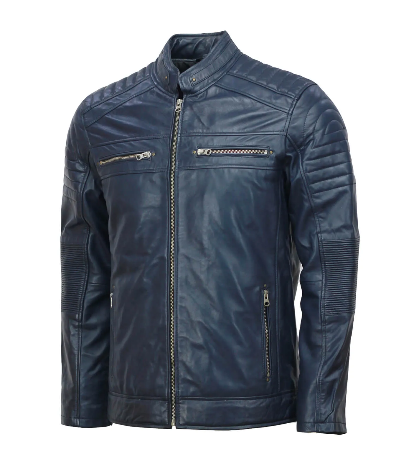 Men's Blue Café Racer Leather Biker Jacket for Stylish Riders