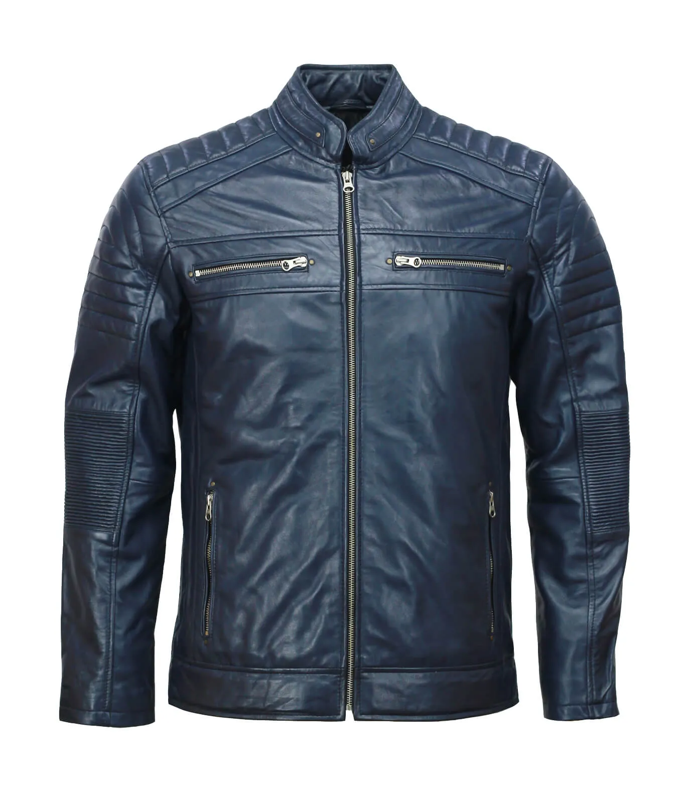 Men's Blue Café Racer Leather Biker Jacket for Stylish Riders