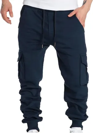 Mens Cargo Sweatpants Baggy Drawstring Elastic Waist Athletic Gym Pants Fall Winter Long Trousers with Pockets