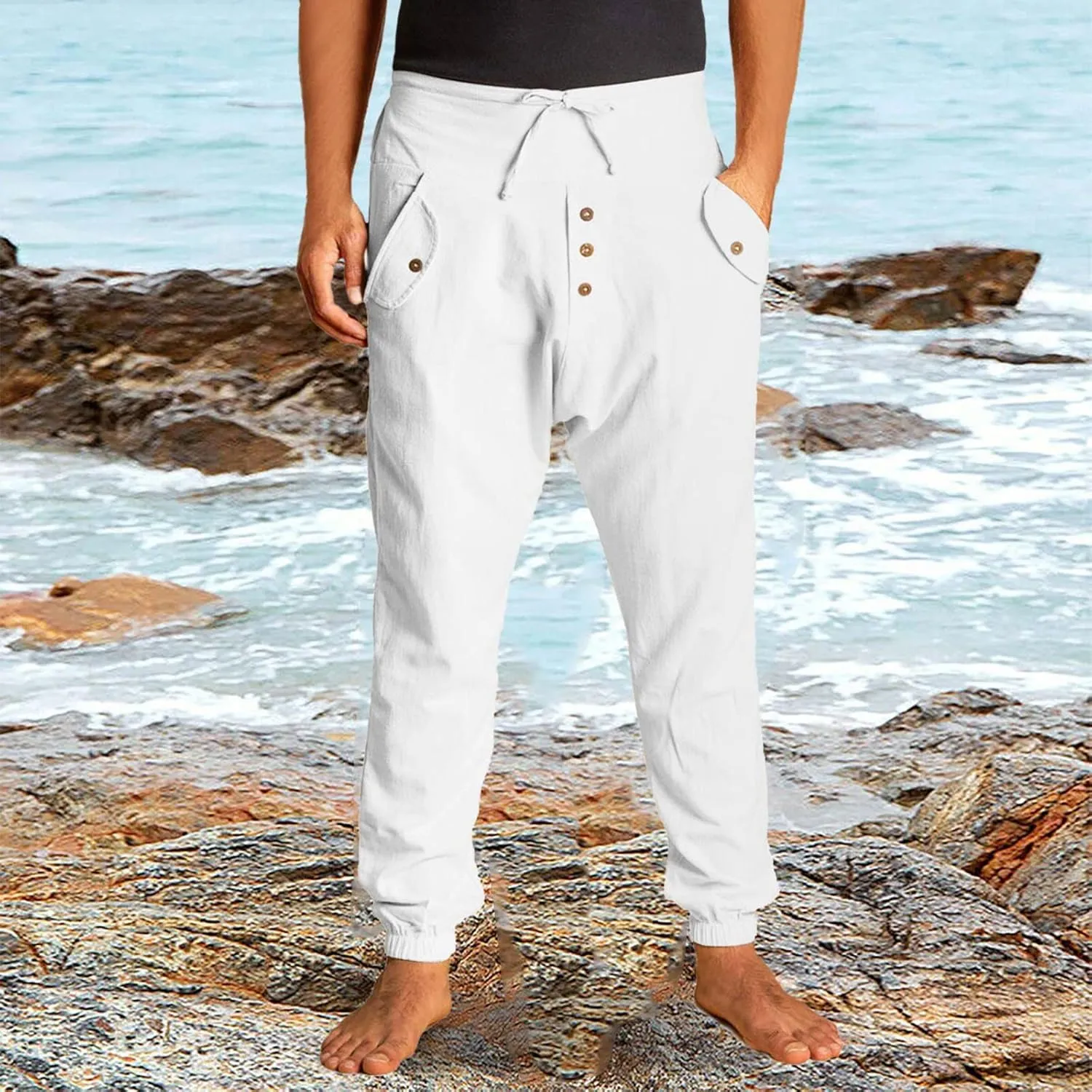 Men's Casual Long Pants Linen Pants - Loose Lightweight Casual Trousers Summer Yoga Beach Pants Breathable Sweatpants
