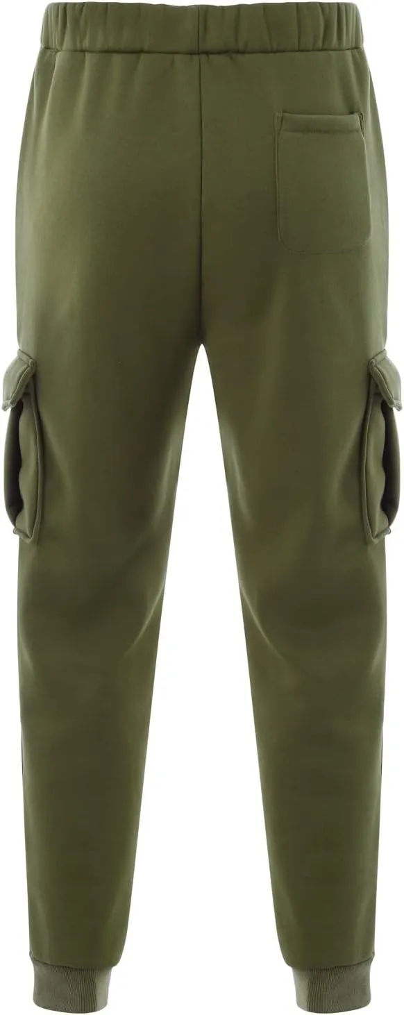 Mens Heavyweight Fleece Cargo Sweatpants Straight-Leg Joggers Loose Fit Baggy Pants Multi-Pocket Trousers
