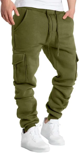 Mens Heavyweight Fleece Cargo Sweatpants Straight-Leg Joggers Loose Fit Baggy Pants Multi-Pocket Trousers