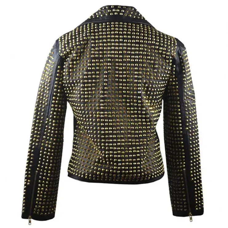 Men's Vintage Black Golden Studded Brando Biker Belted Leather Jacket