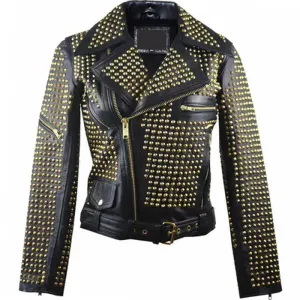 Men's Vintage Black Golden Studded Brando Biker Belted Leather Jacket