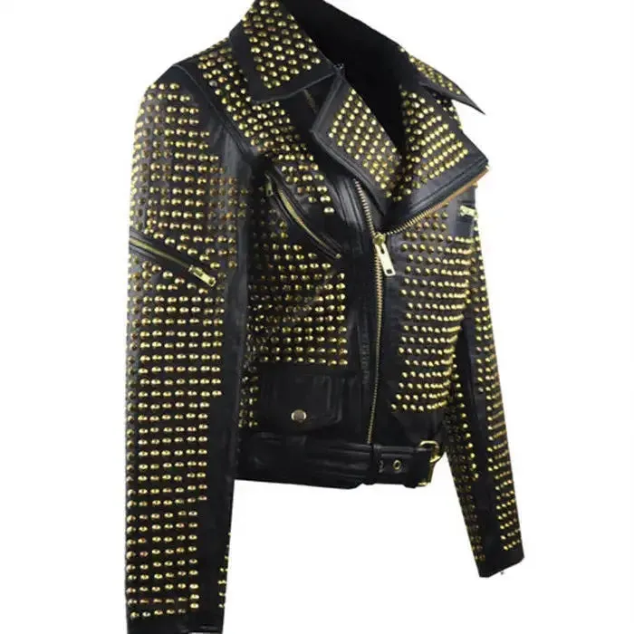 Men's Vintage Black Golden Studded Brando Biker Belted Leather Jacket
