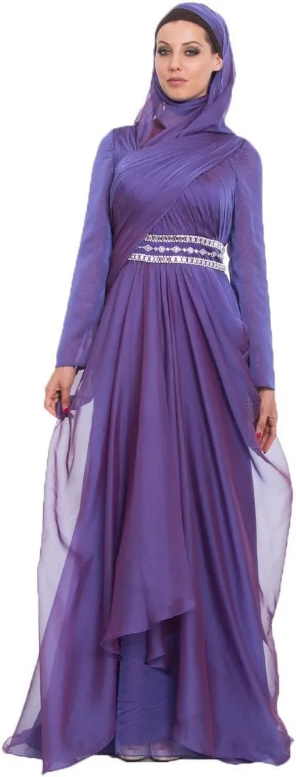Michel Purple Long Sleeve Silk Chiffon Modest Formal Evening Gown Dress for Women