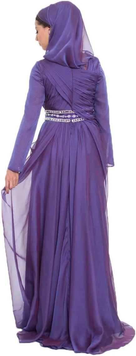 Michel Purple Long Sleeve Silk Chiffon Modest Formal Evening Gown Dress for Women
