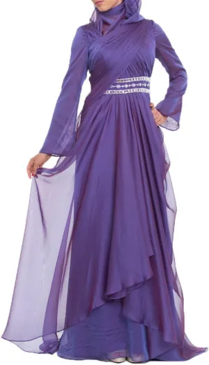 Michel Purple Long Sleeve Silk Chiffon Modest Formal Evening Gown Dress for Women