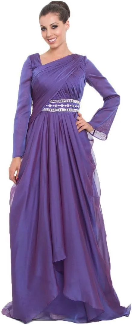 Michel Purple Long Sleeve Silk Chiffon Modest Formal Evening Gown Dress for Women