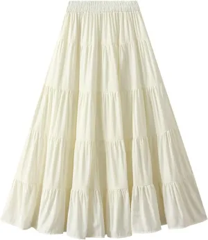 Midi Skirt for Women HIgh Waist A-line Summer Skirts Pleated Tiered Flowy Swing Beach Skirt