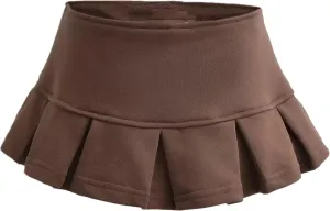 Mini Pleated Skirts for Women, Y2K High Waist Stretchy Tennis Skater A-Line Short Skirt with Shorts Underneath. Brown